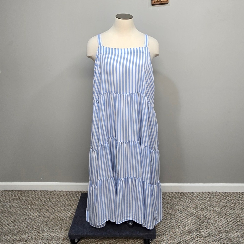The Drop Maxi Dress Plus Size 5X Blue White Striped Tiered Tencel Coastal Preppy
